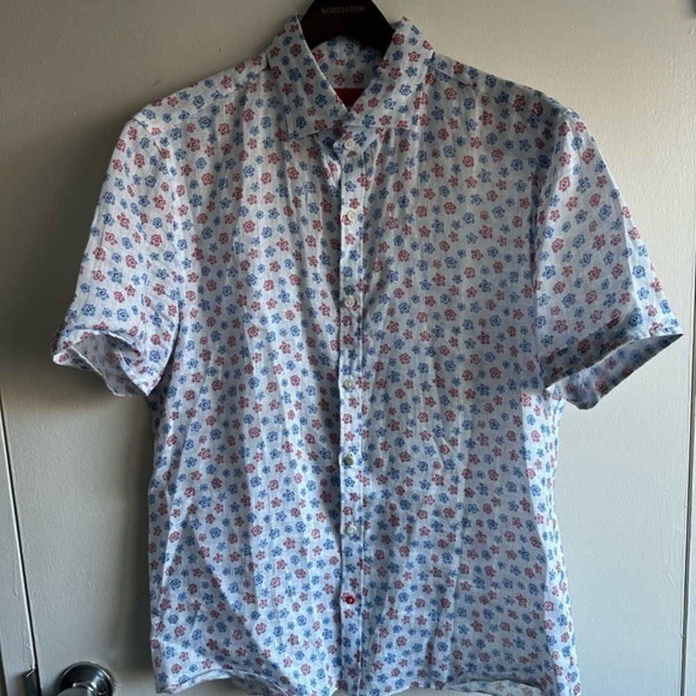 Isaia Blue and Red Floral Linen Shirt EU41
